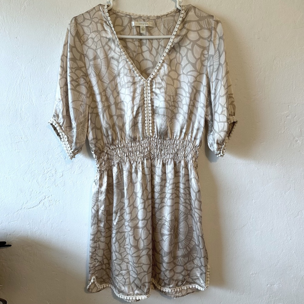 JENNY HAN 100% Silk Cream Print V-Neck Pom Pom Trim Smocked Waist Dress